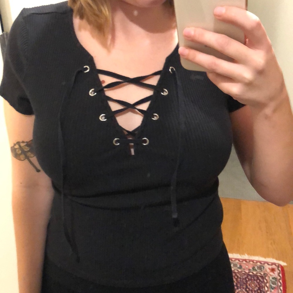 Black lace up T